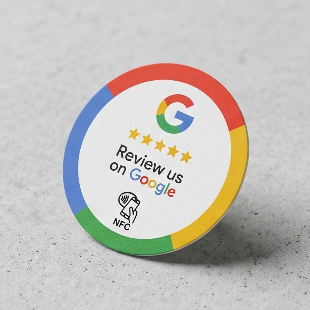 Čip Review us on Google — na okraji betonového povrchu